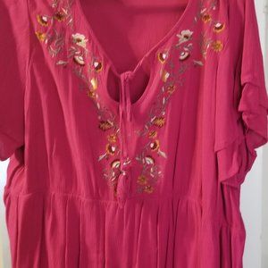 Hot Pink Embroidery Babydoll Blouse
